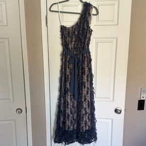 Just Me Navy One-Shoulder Lace-Overlay Evening Gown